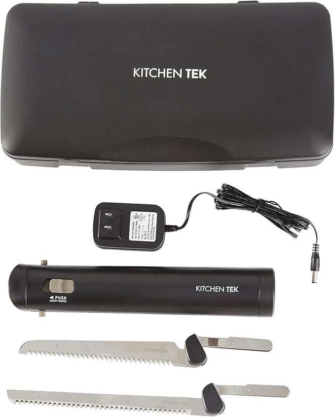 Restaurantware-Kitchen Tek Electric Knife Set, 1 Electric Knife With Motorized Handle - Includes 1 Bread and 1 Carving Tool, 1 Case, Black Plastic Food Cutter With Stainless Steel Blades