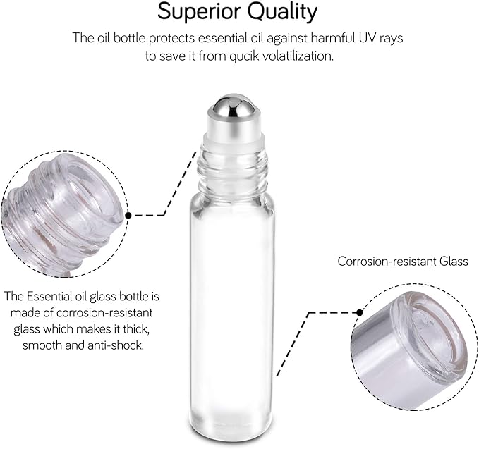 PrettyCare 24 Pack, 10 ml Essential Oil Roller Bottles with Stainless Steel Roller Ball - Refillable Leak-proof Empty Thick Clear Glass Roll on Bottles with Metal Caps for Travel, Perfume