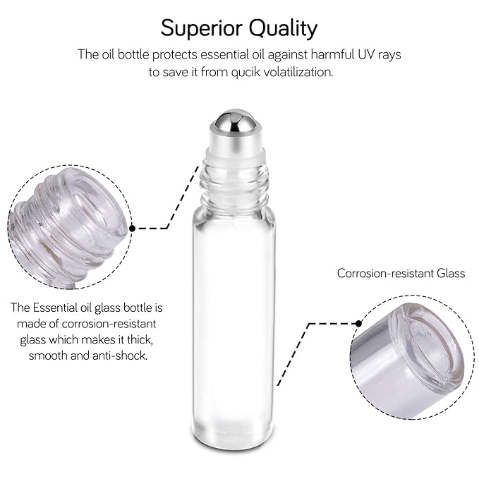 PrettyCare Essential Oil Roller Bottles 10ml (24 Pack Clear Glass Bottle with Bamboo Lid, 4 Extra Roller Balls，48 Labels, 2 Openers, 2 Funnels, 4 Droppers, Roller Balls For Essential Oils