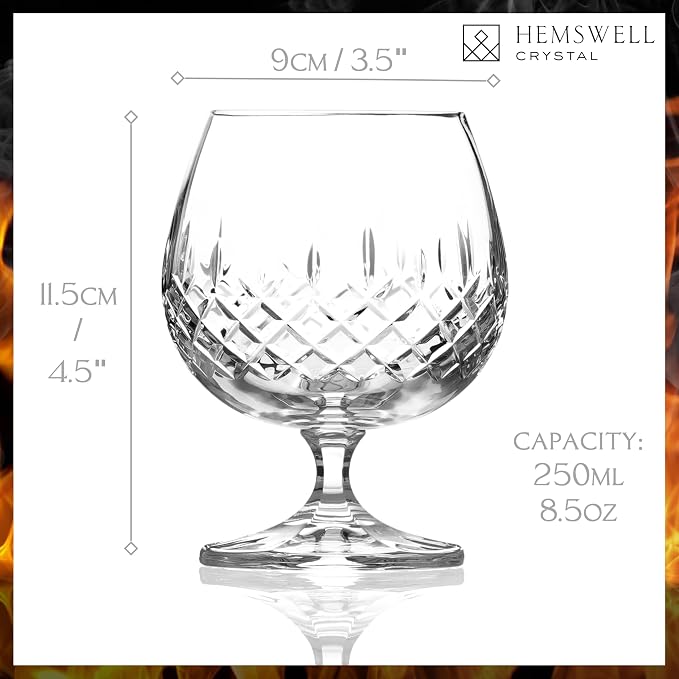 Brandy Snifter Cognac Glass - European Crystal Small Balloon Snifter for Scotch Whisky Bourbon - Elegant 8.5oz Wicklow Cut Design | for Spirits Tasting - Small European Hand Cut Crystal 8.5oz Wicklow Design