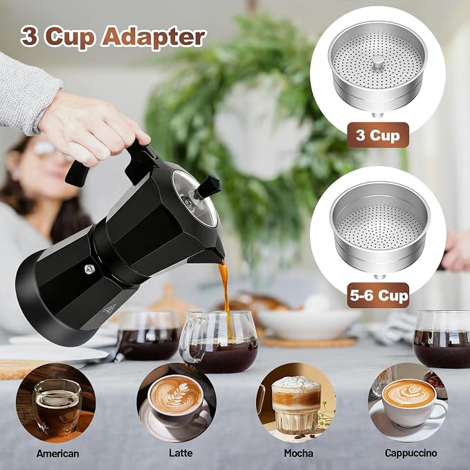 Electric Aluminum Moka Pot 3-6 Cup 150-270ml Espresso Maker with Detachable Base Ideal Coffee Makers for Home MochaPot Italian and Cuban Café Coffeemaker Espressomaker CoffeePot Black
