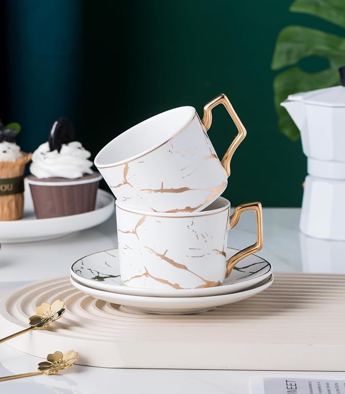 Jusalpha Serve of 4- Hand Printed Golden Matte Ceramic Marble Tea Coffee/Tea Cups with Spoons and Cup Holder, 7OZ -TCS26 (White/Gold, Serve of 4)