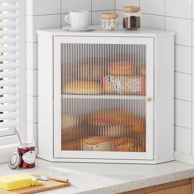 Kitsure Bread Box - 2-Tier Corner Bread Box for Kitchen Countertop with Magnetic Acrylic Door, Bamboo Kitchen Counter Organizer for Snacks, Loaves, Homemade Bread Storage, White, 16.5" H