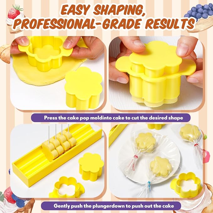 Flower Cutter, Flower Mold Set with 9in Tray, Cake Pop Mold with 100 Sticks, 100 Bags and 100 Ribbons, Baking Tools for Baby Shower Home Birthday Parties Wedding Desserts