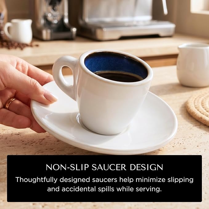 Bacimi® Espresso Cups and Saucers Set of 4 – 2.7oz Thick Barista Style Stoneware Cups - Blue Glaze Classic Italian Design - Ceramic Cups For Espresso, Macchiato, Doppio – Dishwasher & Microwave Safe