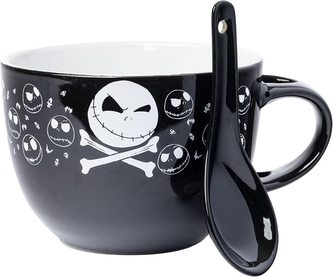 Silver Buffalo Disney Tim Burton's Nightmare Before Christmas Jack Skellington Skulls Ceramic Soup Mug with Spoon Set, 24 Ounces