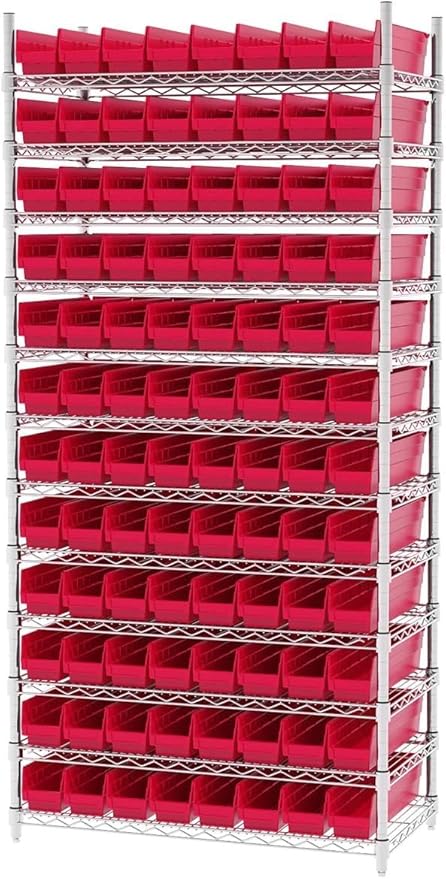 Akro-Mils 30128 Plastic Shelf Bins, Heavy Duty Storage Bins for Garage, Closet, and Drawer Organization, 18-Inch x 4-Inch x 4-Inch, Red, 12-Pack