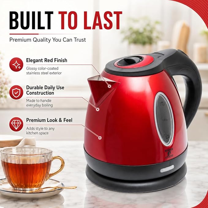 Moss & Stone 1.2L Stainless Steel Small Electric Kettle Red Color, Cordless 1500w Fast Boiling Pot, Portable Hot Water Electric Tea Kettle With Boil Dry Protection & Auto Shut-Off