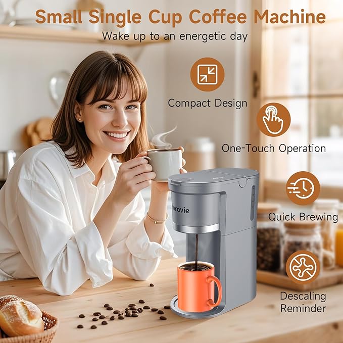 Horavie Small Single Serve Coffee Maker, Fast Brew One Cup Coffee Machine for K Cup and Grounds, 6 to 12 oz. Brew Sizes, Capsule Coffee Machine with Descaling Reminder and Viewing Tank, Grey
