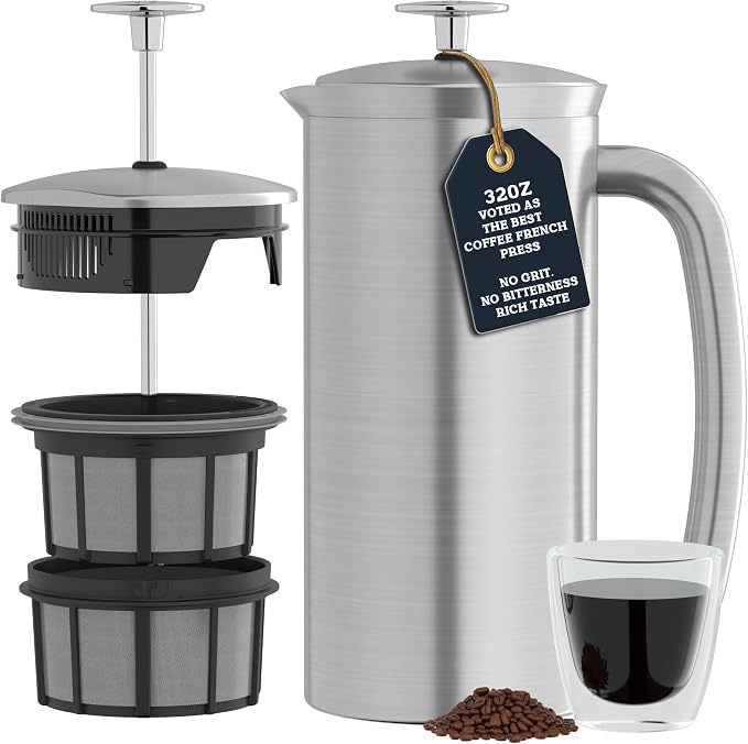 ESPRO Pro P7 Brushed Stainless Steel 304 French Press Coffee Maker for Dad, Patented Double Walled Micro-Filter, Insulated Grit-Free Brew, Heat Resistant BPA Free, 32oz