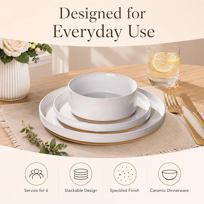 AmorArc Ceramic Dinnerware Set for 4 | Speckled Stoneware Plates and Bowls with unglazed terracotta | Scratch Resistant, Dishwasher & Microwave Safe Dishes Sets- 12-Pcs Milk White