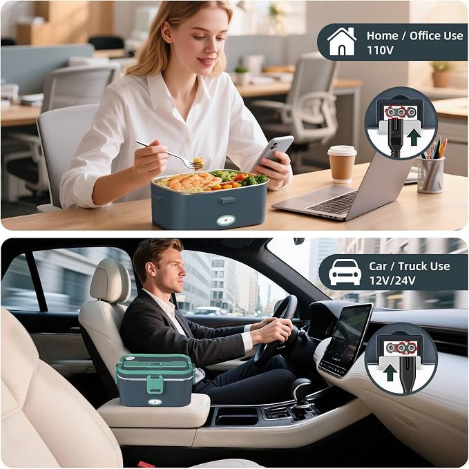 Electric Lunch Box for Adults, 80W Heated Lunch Box For Men, 1.8L 304 Stainless Steel Container, 12V/24V/110V Portable Food Warmer for Car Truck Work & Travel, Lonchera Elctrica (Green)