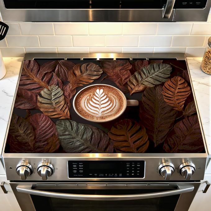 Stove Top Cover for Electric Stove 28.4 x 20.5 Inch Non Slip Stove Mat Oil Proof Coffee Leaves Glass Cooktop Protector Kitchen Counter Mat