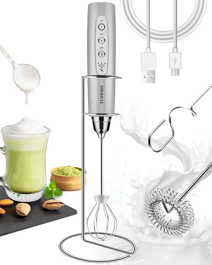 YUSWKO Silver Handheld Milk Frother Wand for Coffee, Rechargeable Electric Whisk with 3 Heads 3 Speeds Drink Mixer Coffee Frother For Latte, Cappuccino, Hot Chocolate, Egg