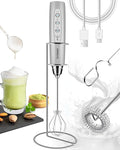 YUSWKO Silver Handheld Milk Frother Wand for Coffee, Rechargeable Electric Whisk with 3 Heads 3 Speeds Drink Mixer Coffee Frother For Latte, Cappuccino, Hot Chocolate, Egg