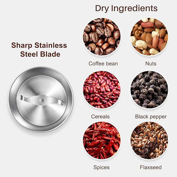Secura Electric Coffee Grinder and Spice Grinder with Stainless Steel Blades, 1 Removable Bowl, Stainless