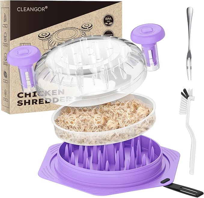 Cleangor Chicken Shredder Tool Twist Large, BPA Free Meat Shredder with Ergonomic Handle, Non-Slip Food Shredder Tool for Pork, Beef, Set of Chicken Breast Shredder with Brush & Fork (1, Purple)