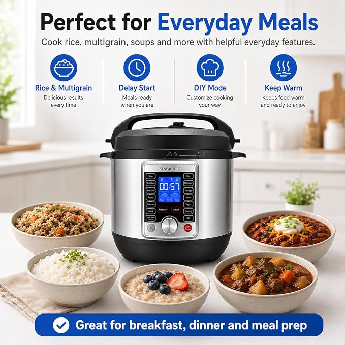 KINGBULL 14-in-1 Electric Pressure Cooker 8 Quart, Stainless Steel Multi Cooker with LCD Display and Knob Control, Slow Cooker, Rice Cooker, Steamer, Sauté, Yogurt Maker, Warmer, DIY Mode