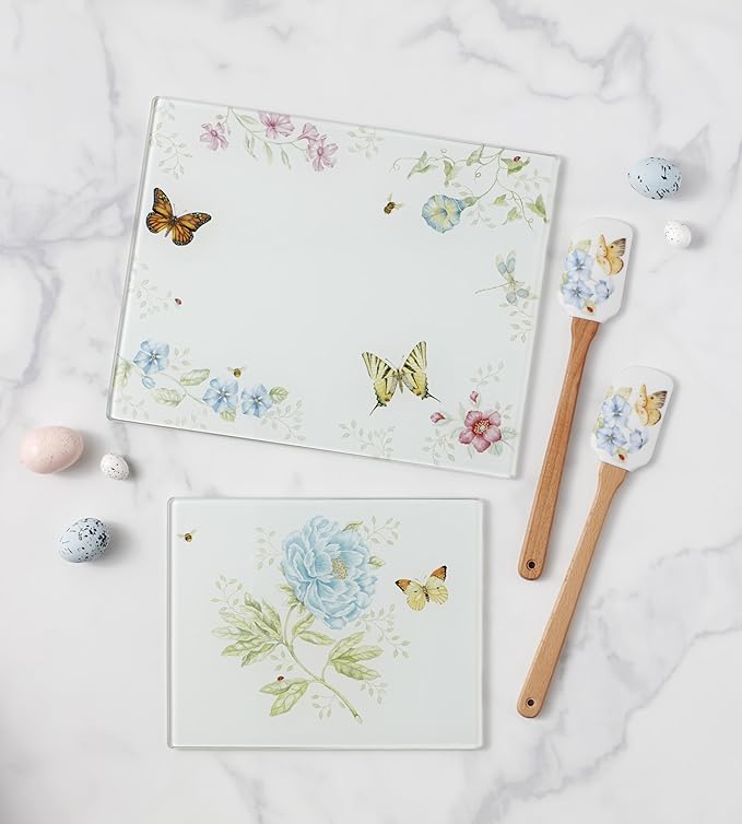 Lenox Kitchen, Butterfly Meadow Large Glass Cutting Board, Glass Material, Cutting Board For Home And Kitchen, Hand Wash Only, Butterflies Design, Tray (White, 1 Piece, 13 Inch W X 10.25 Inch L)