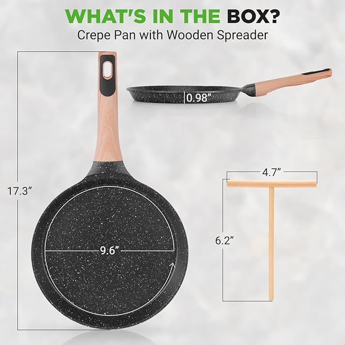 NutriChef 9.45” Non-Stick Crepe Pan with Wooden Spreader, Durable Marble Coated Dosa Pan, Bakelite Handle and Induction Bottom, PFOA/PFOS Free, Dishwasher Safe, Even Heat Distribution (Black Marble)