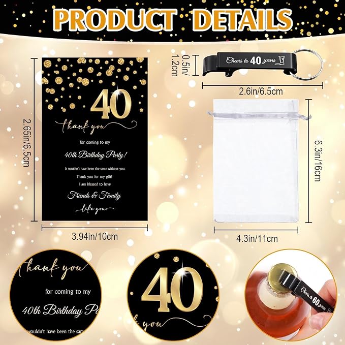 LemonRoad 100 Set 40th Birthday Party Favor for Guest Bulk, 1.4oz Plastic Shot Glasses Cup, Cheers to 40/50/60/70/80 Years Beer Bottle Opener Keychain Thank You Card Gift Bag for Souvenir Party Gift