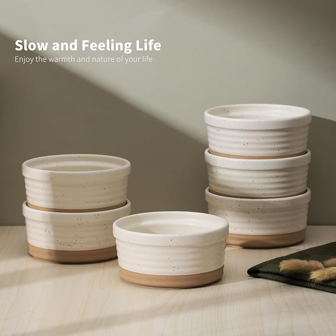 Frewinky Ceramic Ramekins 6 oz Set of 6, Creme Brulee Cups and Sauce Bowls | 6 oz ceramic ramekins for creme brulee, custard, dipping sauces and condiments, with an oven-safe, stackable design.