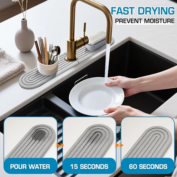Diatomite Stone Faucet Mat For Kitchen Sink-Absorbent Fast Drying Stone Sink Tray,Faucet Splash Guard Counter,Quick Dry Sink Mat Around Faucet For Kitchen & Bathroom (Light Gray-Oval,15.7" x 4")