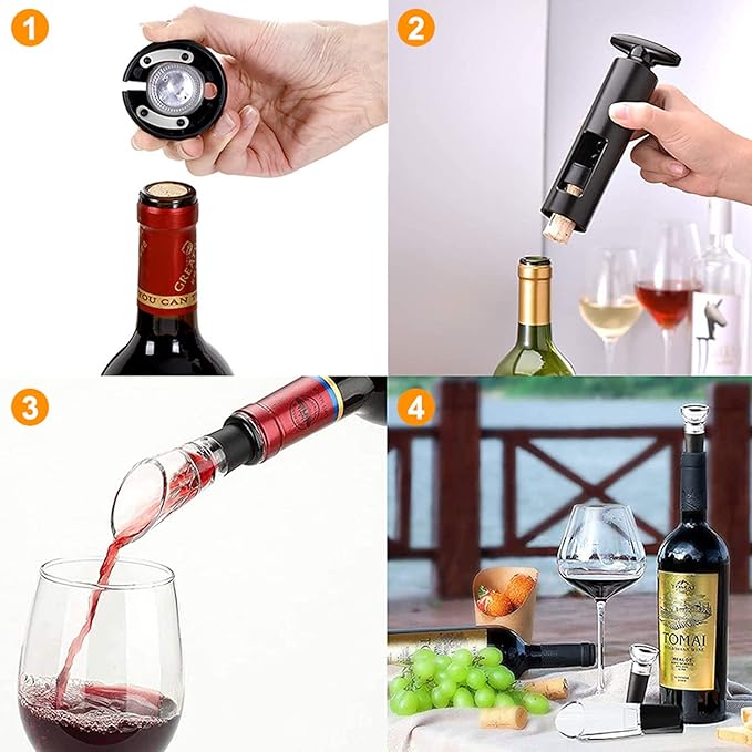 Wine Bottle Opener Corkscrew with Foil Cutter, Set of 4 with Manual Corkscrew Wine Opener, Vacuum Pump Stopper, Wine Pourer, Foil Cutter, for Home, Kitchen, Party, Restaurant, Bar