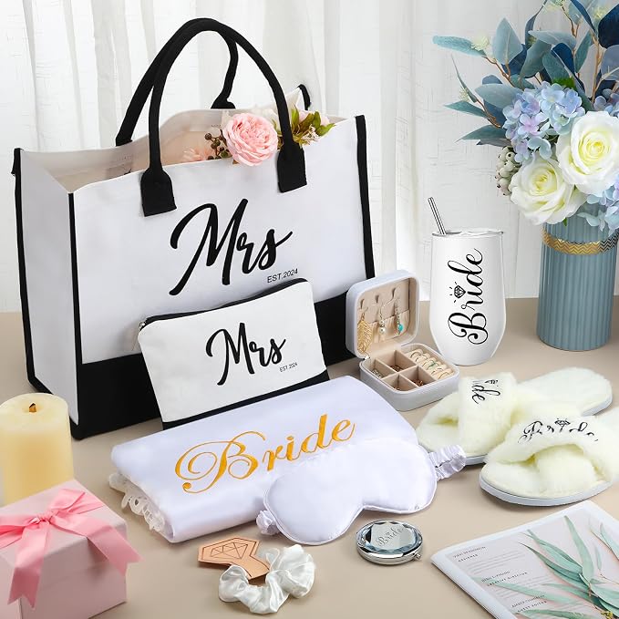 JaGely 9 Pcs Bride to Be Gifts Set Bridal Shower Bachelorette Wedding Gifts with Robe Slippers Tumbler Tote Bag & Bridal Kit