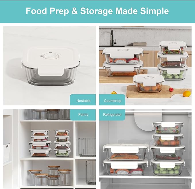 Vacuum Seal Glass Food Storage Containers, 3pcs Containers with 10pcs Sous Vide Bags/ 1pc Manual Pump, Meal Prep Container with Airtight Locking Lids for Lunch, Long-Lasting Freshness