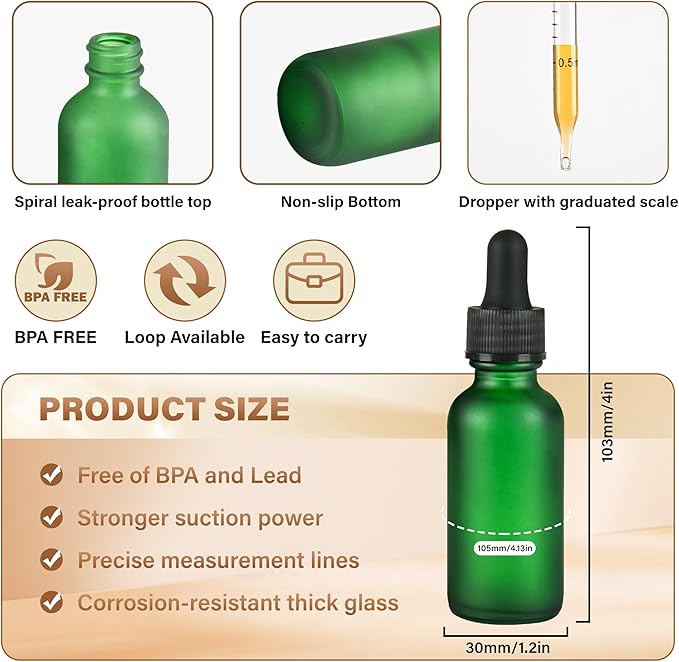 NOOEEISS 12 Pcs, 1oz Dropper Bottle, Green Glass Eye Dropper Bottle, Tincture Bottles with Dropper, Pretty Finish, Leak-Proof Design, Stronger Suction for All Kinds of Mixed Liquids