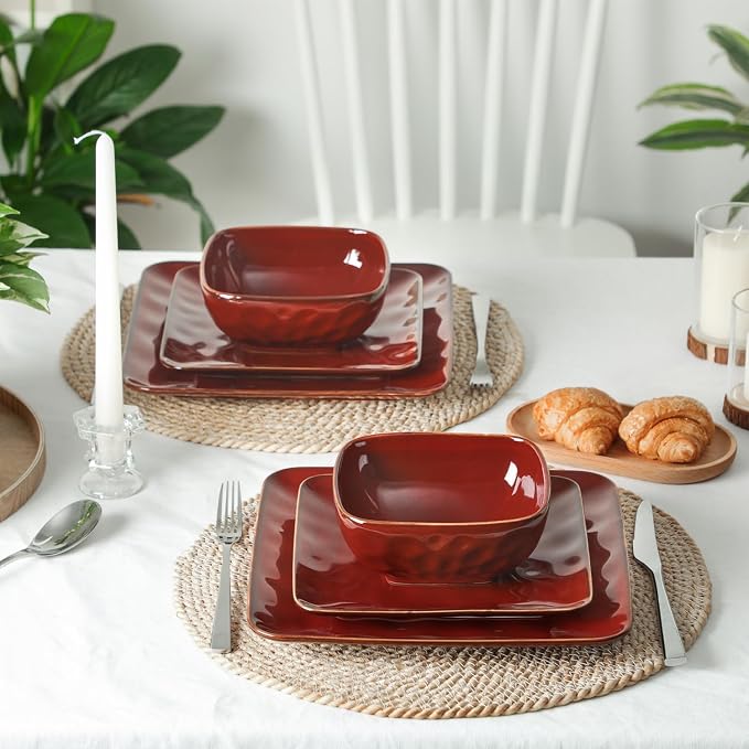 vicrays Ceramic Square 12 Pieces Dinnerware Set - Dinner Plates Salad Plates Cereal Bowls Set Service for 4 - Scratch Resistant Microwave Oven Dishwasher Safe - Cherry Red