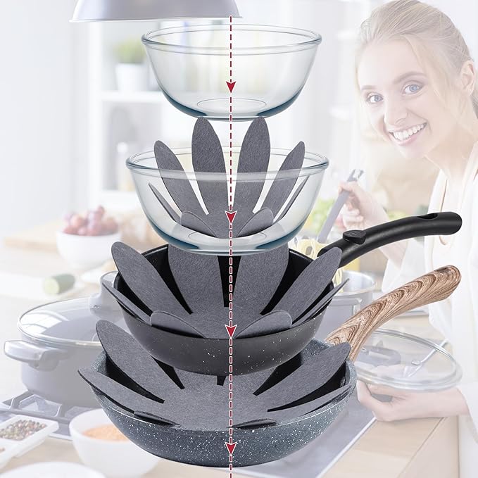 Queekay 36 Pcs Felt Pot Pan Protectors Dish Dividers Separators Bakeware Cookware Scratch Protectors Different Sizes, Thicker Pan Pads for Stacking Cookware Organizing Protecting (Gray)