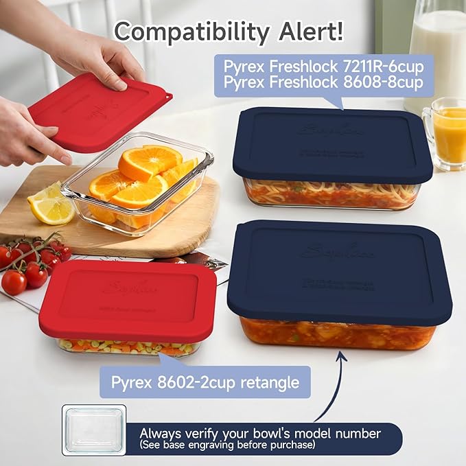 Sophico Silicone Storage Lids Cover Replacement for Pyrex Freshlock SNAPWARE 2CUP(8602), 6/8-Cup Glass Bowls (7211R/8608) Glass Bowls Containers Set, Airtight Lids, 4 Pack