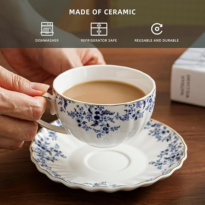 Agyiuns ceramic tea cups and saucers 6oz,floral tea cups for Coffee, Latte, Cafe Mocha and Tea (Little Blue Flowers)
