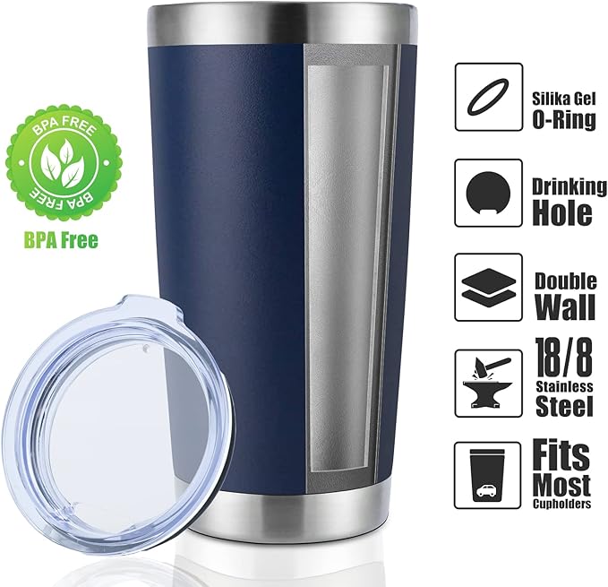 DOMICARE 20oz Stainless Steel Tumbler Bulk with Lid, Double Wall Vacuum Insulated Travel Mug, Powder Coated Coffee Cup, Navy, 12 Pack