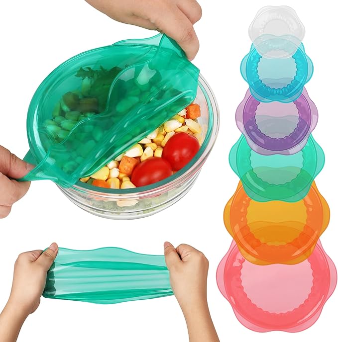 Silicone Stretch Lids for Food Storage in Fridge, Reusable Elastic Bowl Covers for Cup, Cans, Jars, Round & Rectangle Container, Food Grade Silicone Microwave Food Cover, Heat-Resistant, 6PCS