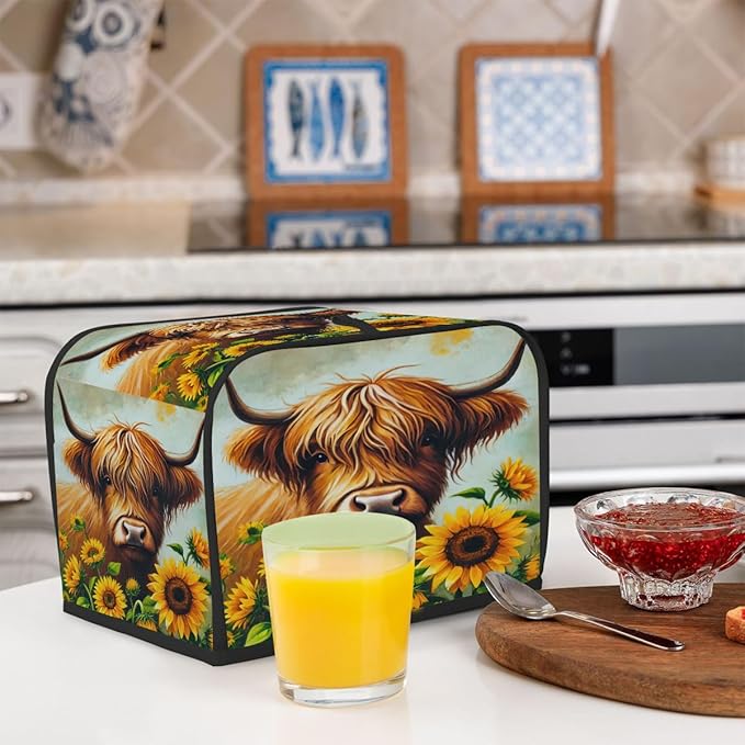 Sunflower Highland Cow 2 Slice Toaster Cover Dust And Fingerprint Bread Maker Cover Bakeware Protector Washable Appliance Covers Kitchen Accessories For Home Kitchen Women Gift