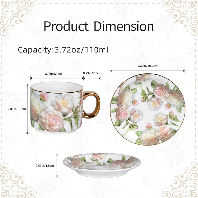 KAMMAK Tea Cups and Saucers Set of 2, Porcelain Coffee Cups, Stackable Espresso Mugs, Ceramic Demitasse for Coffee, Cappuccino, Latte, Americano, Tea, White Rose + Beauty Rose