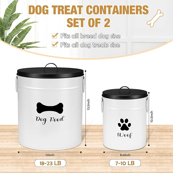 DoubleFill Extra Large 23+10 lb Metal Dog Food Storage Containers Set of 2 Airtight Dog Treat Snack Jars with Lids and Spoon Farm House Style Big Pet Cookie Jar for Kitchen Counter Gift