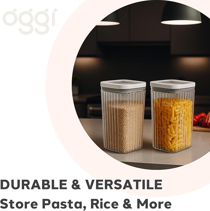 Oggi Airtight Clear Fluted Canister Set of 6 - Stackable Food Storage Containers with Lids, Vintage Modern Farmhouse Style, Kitchen Counter & Pantry Organization, Size - 6 x 88 fl oz / 2.6 Lt