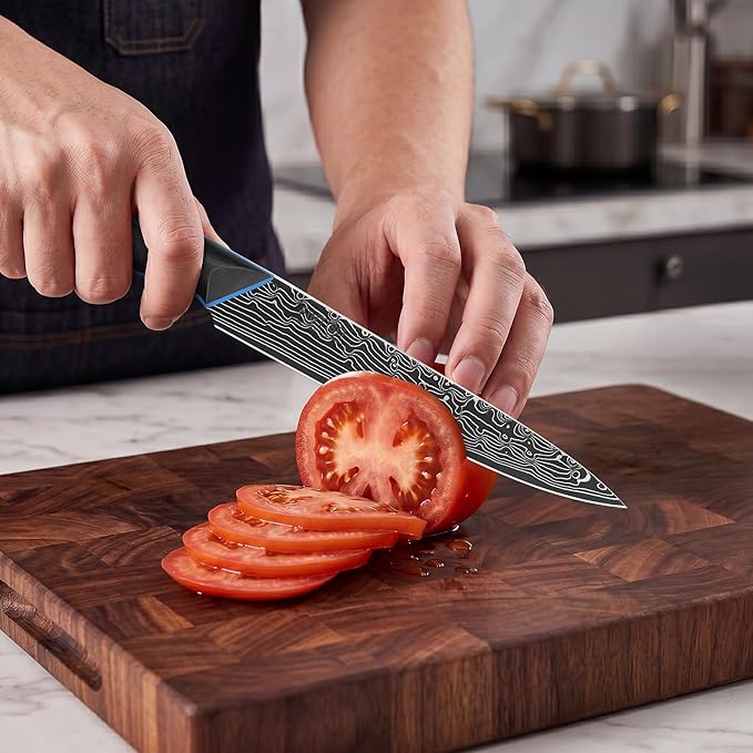 FINTISO Damascus Chef Knife 6 inch, Petty Knife in 67-Layer Damascus Steel, Ultra Sharp Japanese Kitchen Utility Knives with Ergonomic G10 Handle - Zeus Series