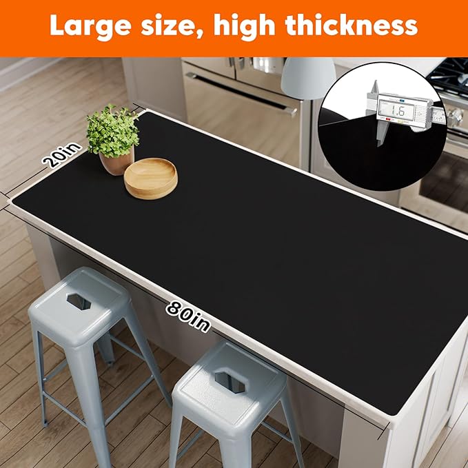 Extra Large Silicone Mat for Kitchen Counter,20"x80" Heat Resistant Mats for Countertop,New Skin-Friendly Material Quartz Countertop Protector Mats,Freely Cuttable (Black,1.6 mm Thick)