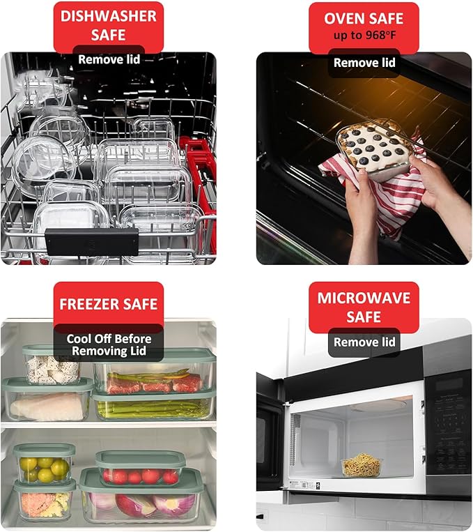 EATEX 14 Pack Glass Meal Prep Containers with Grooved Base, 14 Stackable BPA Free Glass Storage Containers with Lids for Lunch, Pantry, and Kitchen - Microwave, Dishwasher Freezer & Oven Safe - Sage