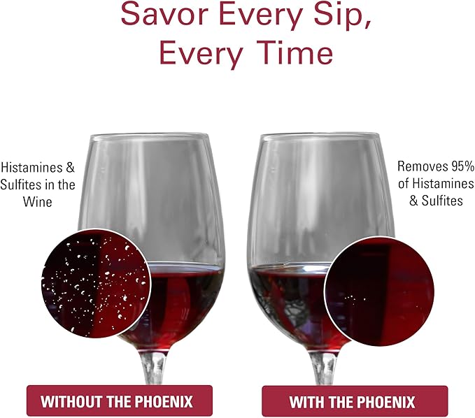 PureWine Phoenix Wine Aerator Pourer Spout - Removes Histamines & Sulfites as You Pour, Red & White Wine Purifier Filter, Helps Allergies & Headaches, Restores Oxidized Bottles- Starter Kit, Noir