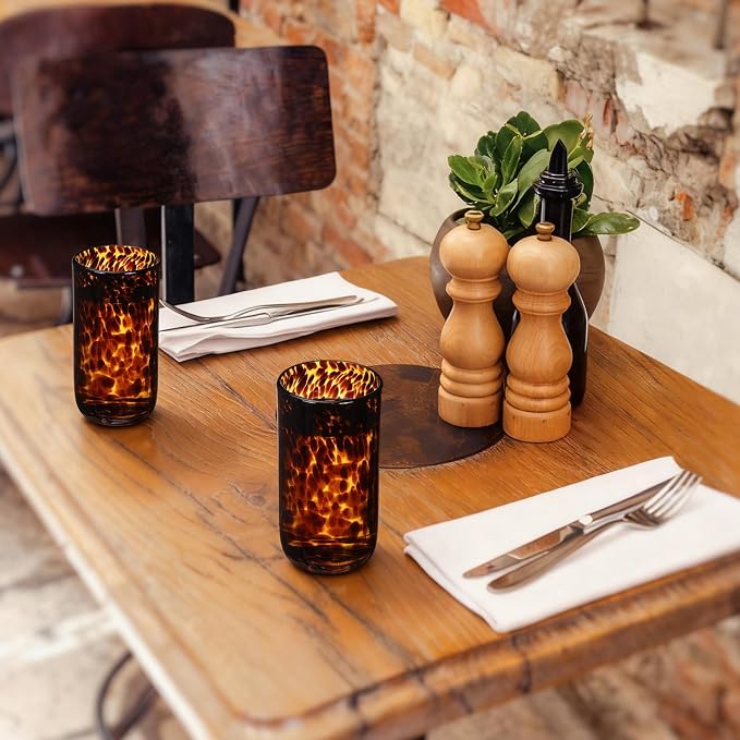 Honeydak Set of 4 Tortoise Leopard Print Brown 16 oz Rocks Glasses Stylish Stemless Cocktail Cups Glass Glassware Tumbler Ideal for Gin, Tequila, Vodka, Soft Drinks