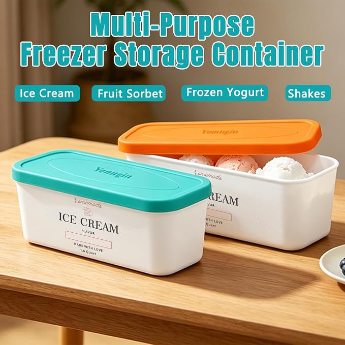 Ice Cream Containers - Silicone Reusable Freezer Storage for Homemade Ice Cream Tub for Sorbet, Frozen Yogurt - Flexible Silicone Lids, Long Scoop, Stackable,2 Pack 1.6 Quart Each