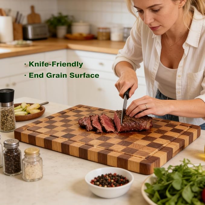 Acacia Wood Cutting Boards for Kitchen, Checkered Chopping Board with Juice Grooves & Handles, Large Butcher Block Serving Tray with Non‑Slip Feet, 17" x 11.8" x 1.5"