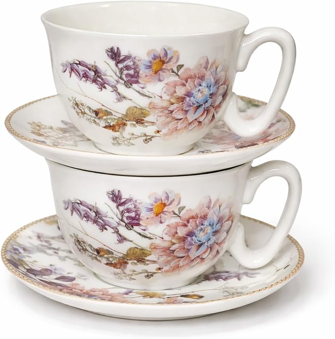 STP GOODS Bone China Tea/Coffee Cup and Saucer in Gift Box Fine Bone China Coffee Cup with Saucer Tea Cup and Saucer Set of One,Porcelain Cup and Saucer (Wildflower Meadow)