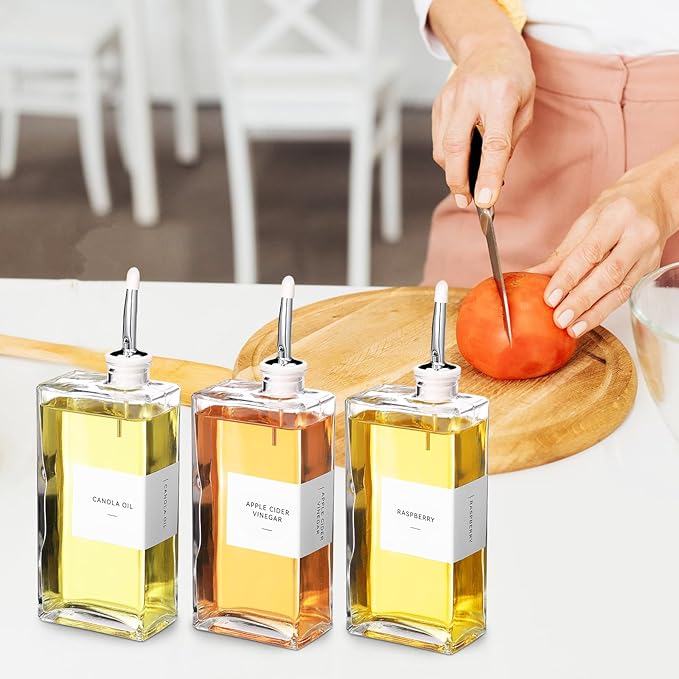 Reallnaive 6 Sets Olive Oil Dispenser Bottles for Kitchen with Nozzles Funnel Labels Cooking Oil Dispenser 500ml Set for Kitchen Vinegar Coffee Syrup (Silver)